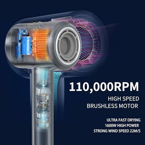 AVBDJOY Lonic Soch Quritgich, 110000 RPM Fırçasiz Motor, 1600W Kuchli Soch Parvarishlash Quritgich Tez Quritush Uchun, 200 Million Negativ Ion, Magnit Diffuzor va Nozul bilan Kam Shovqinli Soch Quritgich - 4