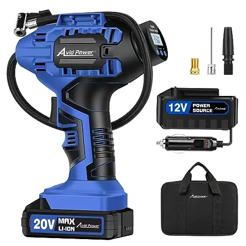 Avid Power Cordless Tire Inflator Portable Air Compressor, 20V Rechargeable Battery Tire Pump w/ 12V DC Power Adapter, Digital Pressure Gauge, Auto Air Pump for Many Inflatables (Blue) - 1