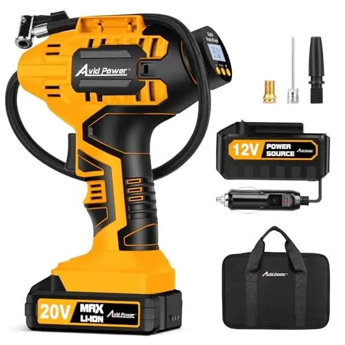 Avid Power Tire Inflator Portable Air Compressor, 20V Cordless Car Tire Pump with Rechargeable Li-ion Battery, 12V DC Adapter, Digital Pressure Gauge, Battery Powered Tire Inflator (Industrial Yellow) - 1