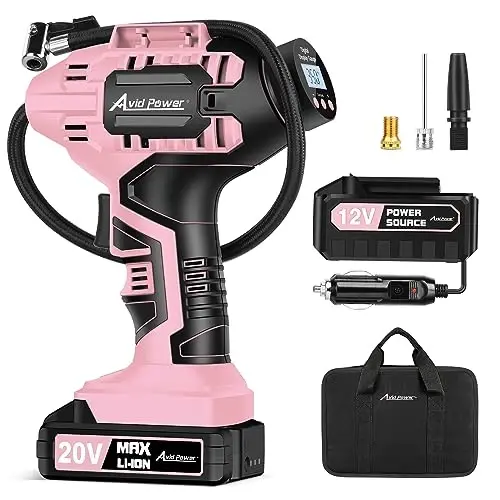 Avid Power Cordless Tire Inflator Air Compressor, 20V Car Tire Pump w/ 12V DC Adapter, Rechargeable Li-ion Battery Operated Tire Compressor w/Digital Pressure Gauge, for Many Inflatables (Pink) - 1