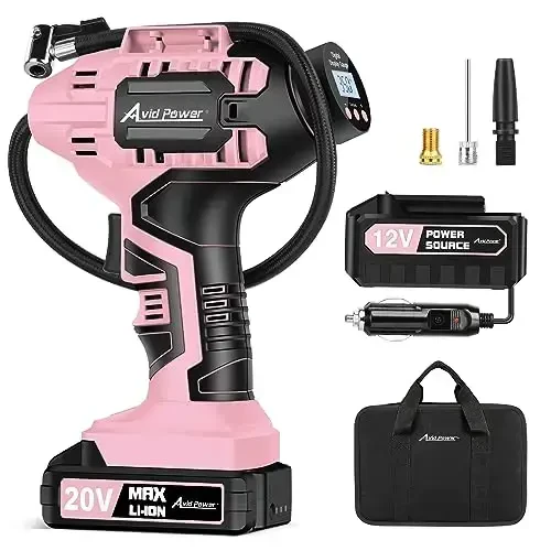 Avid Power Cordless Tire Inflator Air Compressor, 20V Car Tire Pump w/ 12V DC Adapter, Rechargeable Li-ion Battery Operated Tire Compressor w/Digital Pressure Gauge, for Many Inflatables (Pink) 