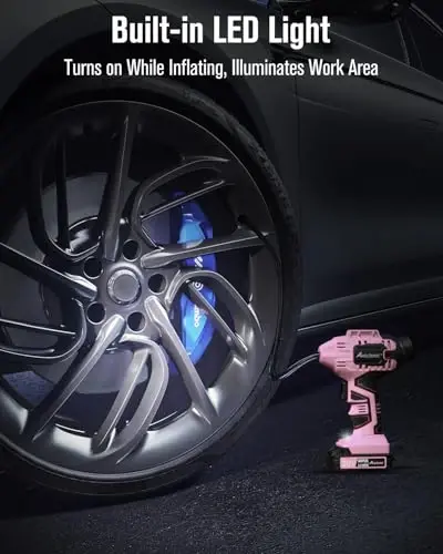 Avid Power Cordless Tire Inflator Air Compressor, 20V Car Tire Pump w/ 12V DC Adapter, Rechargeable Li-ion Battery Operated Tire Compressor w/Digital Pressure Gauge, for Many Inflatables (Pink) - 5