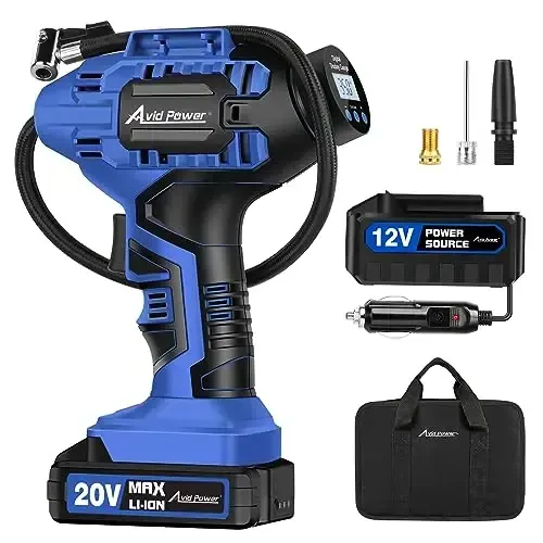 Avid Power Cordless Tire Inflator Portable Air Compressor, 20V Rechargeable Battery Tire Pump w/ 12V DC Power Adapter, Digital Pressure Gauge, Auto Air Pump for Many Inflatables (Blue) - AVID POWER