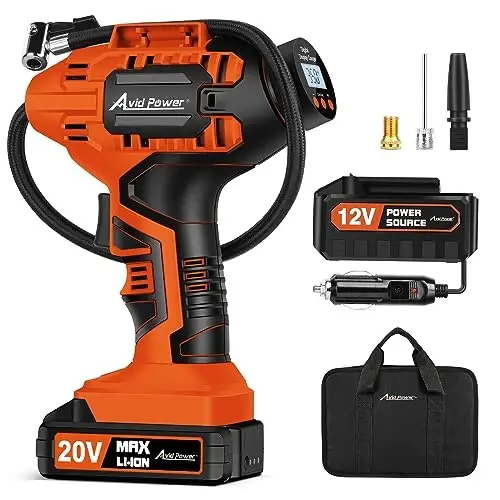 Avid Power Tire Inflator Portable Air Compressor, 20V Cordless Rechargeable Battery Tire Pump w/ 12V Car Power Adapter, Digital Pressure Gauge, Auto Air Pump for Many Inflatables (Orange) - 1