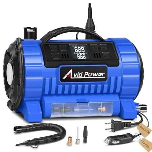 AVID POWER Portable Tire Inflator Air Compressor, 110V AC/12V DC Dual Power | 5 Preset Modes & Digital LCD Gauge, Auto Shut-Off, Inflation & Deflation for Tires, Air Mattress & Small Inflatables, Blue - AVID POWER