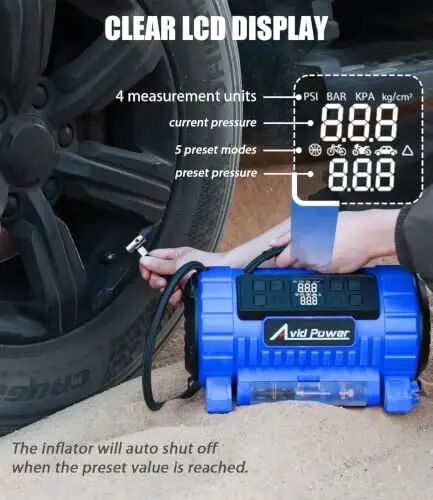 AVID POWER Portable Tire Inflator Air Compressor, 110V AC/12V DC Dual Power | 5 Preset Modes & Digital LCD Gauge, Auto Shut-Off, Inflation & Deflation for Tires, Air Mattress & Small Inflatables, Blue - 4