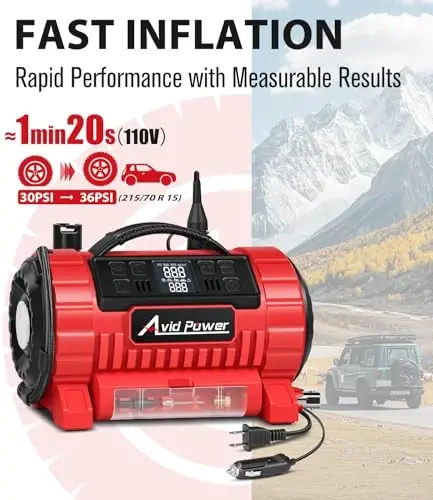 AVID POWER Portable Tire Inflator Air Compressor, 110V AC/12V DC Tire Pump | 5 Preset Modes & Digital LCD Gauge, Auto Shut-Off, Inflation & Deflation for Car Tires, Air Mattress & Small Inflatables - AVID POWER (1)