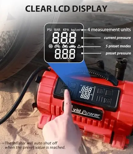 AVID POWER Portable Tire Inflator Air Compressor, 110V AC/12V DC Tire Pump | 5 Preset Modes & Digital LCD Gauge, Auto Shut-Off, Inflation & Deflation for Car Tires, Air Mattress & Small Inflatables - 4