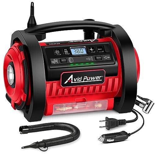 AVID POWER Tire Inflator Portable Air Compressor, 12V DC 110V AC Car Tire Pump, Air Mattress Pump with Inflation and Deflation Modes, Dual Powerful Motors, Digital Pressure Gauge - AVID POWER