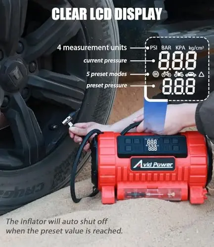 AVID POWER Taşınabilir Lastik Şişirici Hava Kompresörü, 110V AC/12V DC Çift Güç | 5 Ön Ayarlı Modlu Hızlı Şişiren Hava Pompası, Dijital LCD Gösterge, Araba, Bisiklet Lastikleri ve Hava Yatakları için Şişirme ve İndirme - 4