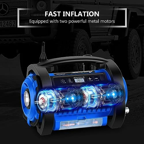 AVID POWER Tire Inflator Portable Air Compressor, 12V DC / 120V AC Car Tire Pump, Air Mattress Pump with Inflation and Deflation Modes, Dual Powerful Motors, Digital Pressure Gauge 2-blue - 2