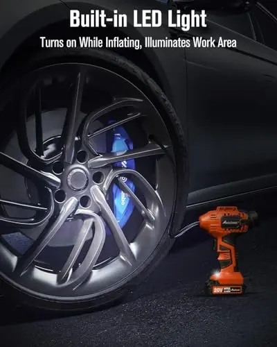Avid Power Tire Inflator Portativ havo kompressori, 20V simsiz qayta zaryadlanuvchi batareya g'ildirak pompasi, 12V avtomobil quvvat adapteri, raqamli bosim o'lchagich, ko'plab shishiriladigan narsalar uchun avtomatik havo pompasi (to'q sariq) - 5
