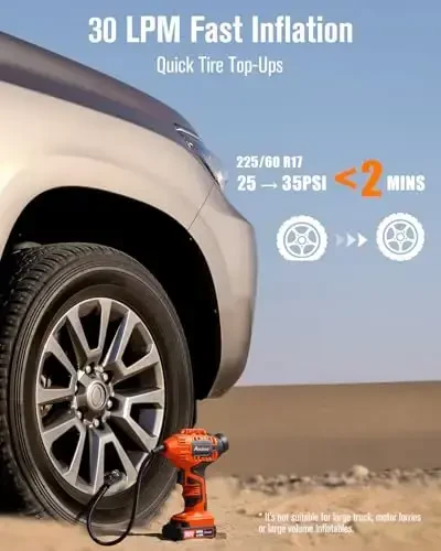 Avid Power Tire Inflator Portativ havo kompressori, 20V simsiz qayta zaryadlanuvchi batareya g'ildirak pompasi, 12V avtomobil quvvat adapteri, raqamli bosim o'lchagich, ko'plab shishiriladigan narsalar uchun avtomatik havo pompasi (to'q sariq) - 2