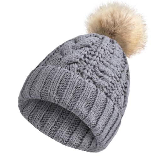 Avisky Womens Winter Knitted Beanie Hat with Faux Fur Winter Hats for Women Fur Pom Warm Knit Skull Cap - 1