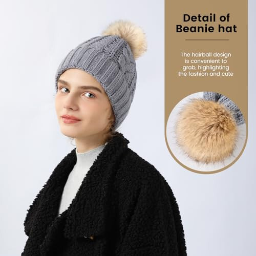 Avisky Womens Winter Knitted Beanie Hat with Faux Fur Winter Hats for Women Fur Pom Warm Knit Skull Cap - 4