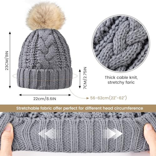 Avisky Womens Winter Knitted Beanie Hat with Faux Fur Winter Hats for Women Fur Pom Warm Knit Skull Cap - 5