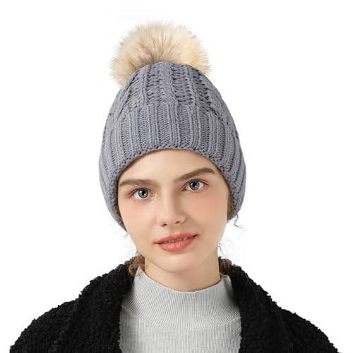 Avisky Womens Winter Knitted Beanie Hat with Faux Fur Winter Hats for Women Fur Pom Warm Knit Skull Cap - 7