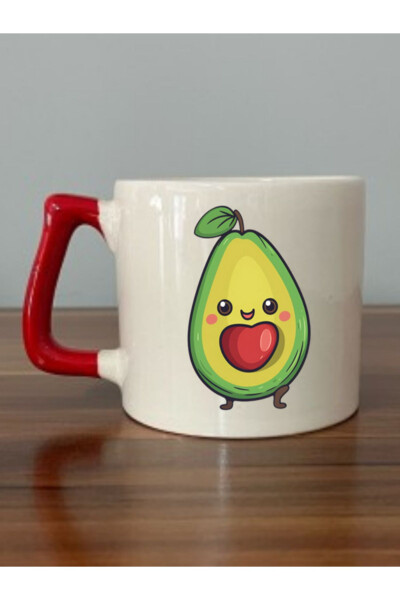Avocado Themed Red Handle Mug - Ceramic Tea, Coffee Gift Mug - LILI HEDIYELIK