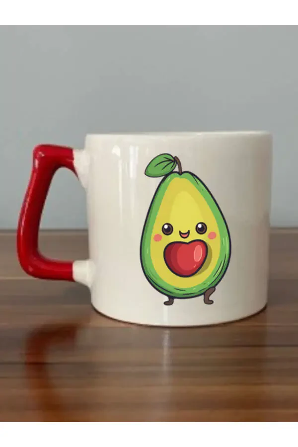 Avocado Themed Red Handle Mug - Ceramic Tea, Coffee Gift Mug - 1