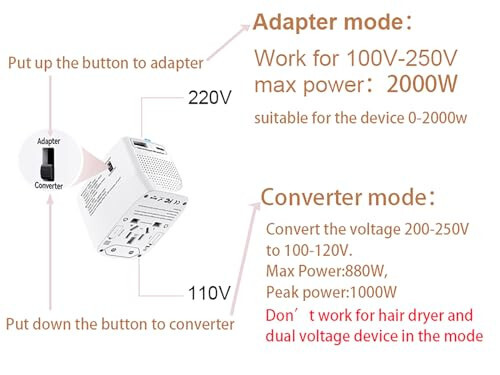 Avrupa Seyahat Adaptörü - Plavogue 220v 110v Güç Dönüştürücü 880W / 3.4A USB & USB-C Bağlantılı Şarj, 2000W Avrupa Seyahat Fişi Adaptörü, 200'den Fazla Ülke İçin Evrensel Seyahat Adaptörü - 7