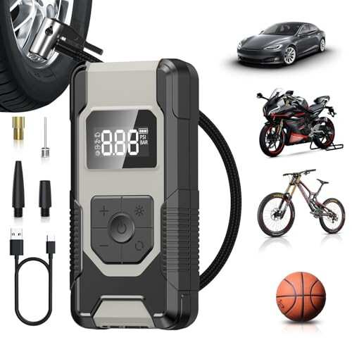 Avtomobil shinalari uchun portativ havo pompasi, 160PSI shinalar inflyatori Portativ havo kompressori, bosim o'lchagich va LED displeyli 4X avtomobil shinalari havo pompasi, avtomobil mototsikl yuk mashinasi va to'p uchun avtomatik o'chirish havo pompasi. - 1