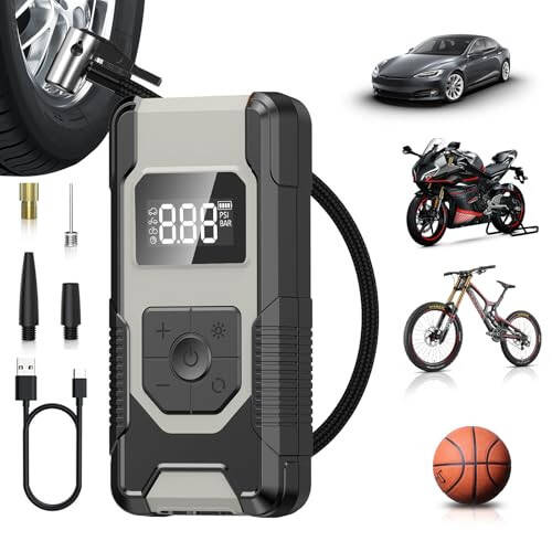 Avtomobil shinalari uchun portativ havo pompasi, 160PSI shinalar inflyatori Portativ havo kompressori, bosim o'lchagich va LED displeyli 4X avtomobil shinalari havo pompasi, avtomobil mototsikl yuk mashinasi va to'p uchun avtomatik o'chirish havo pompasi. - 1