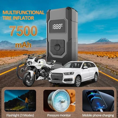 Avtomobil shinalari uchun portativ havo pompasi, 160PSI shinalar inflyatori Portativ havo kompressori, bosim o'lchagich va LED displeyli 4X avtomobil shinalari havo pompasi, avtomobil mototsikl yuk mashinasi va to'p uchun avtomatik o'chirish havo pompasi. - 7