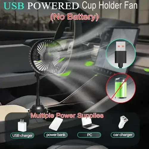 Avtomobil stakan ushlagichi uchun fan, 3 sozlanishi tezlik va 360° aylanishga ega avtomobil yuk mashinasi, furgon RV uchun stakan ushlagichi fani (USB quvvatli/batareyasiz) - 3