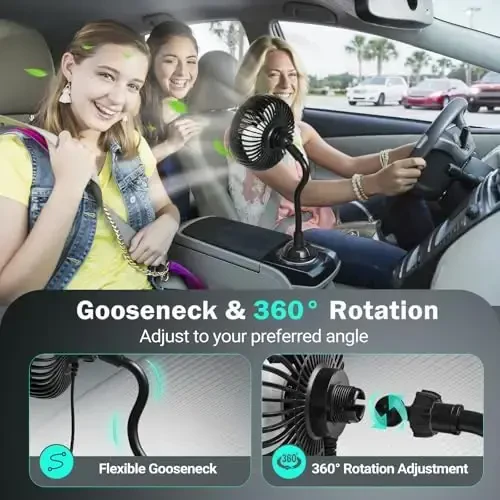 Avtomobil stakan ushlagichi uchun fan, 3 sozlanishi tezlik va 360° aylanishga ega avtomobil yuk mashinasi, furgon RV uchun stakan ushlagichi fani (USB quvvatli/batareyasiz) - 4