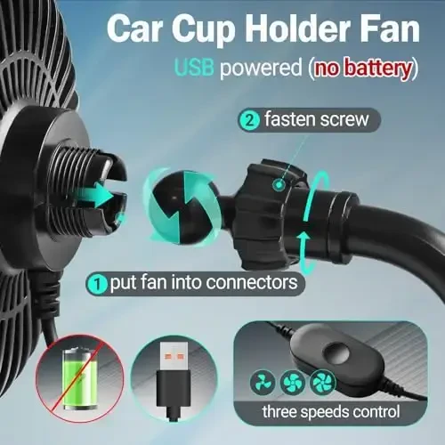 Avtomobil stakan ushlagichi uchun fan, 3 sozlanishi tezlik va 360° aylanishga ega avtomobil yuk mashinasi, furgon RV uchun stakan ushlagichi fani (USB quvvatli/batareyasiz) - 6