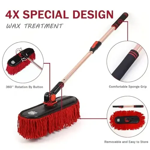 Avtomobil tozalagichi tashqi tirnalishsiz, Changni tozalash uchun cho'ziluvchan teleskopik dastali avtomobil chang cho'tkasi,Yuk mashinasi, RV va mototsikl uchun tozalagichlar,Katta mop boshi, Mumli paxta tolasi,Avtotransport vositasiga xizmat ko'rsatish - 4