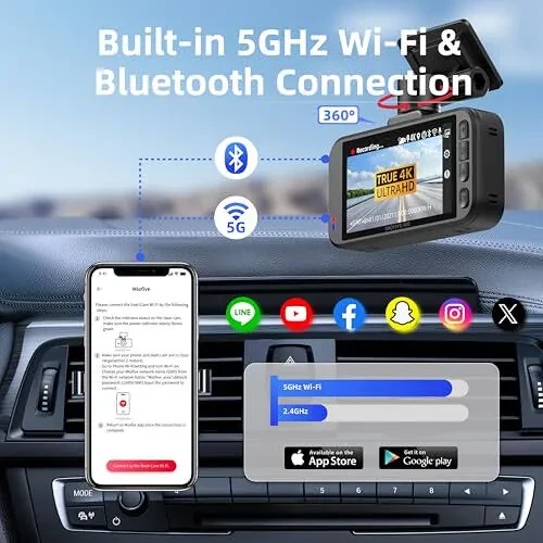 Avtomobil uchun 4K/2160P old kamerali Dash Cam, 5G Wi-Fi va Bluetooth ilovasi bilan, o'rnatilgan GPS 3.0” IPS ekranli Dashcam 140° keng burchak, G-sensor, HDR, tungi ko'rish, 24 soatlik to'xtash rejimi (S1(4K)) - 3