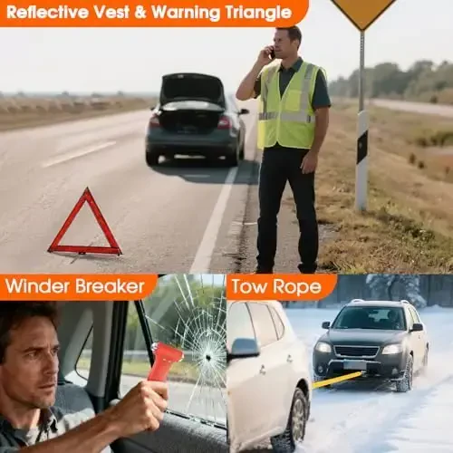 Avtomobil uchun favqulodda vaziyatlar to'plami, kompressor, o'tkazgich kabellari, qor kuragichi, ta'mirlash vositalari to'plami, birinchi tibbiy yordam to'plami, adyol, tros. - 7