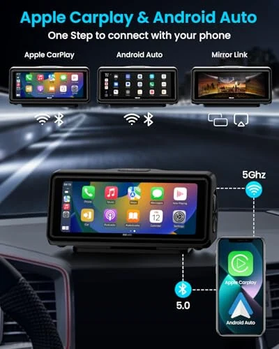 Avtomobil uchun portativ Apple Carplay ekrani, simsiz Android Auto bilan sensorli ekran, ovozli boshqaruvli avtomobil audio qabul qilgichlari, Mirror Link, musiqa ijro etish, GPS navigatsiya, o'rnatilgan maxsus dinamiklar (qora). - FocuWay (1)