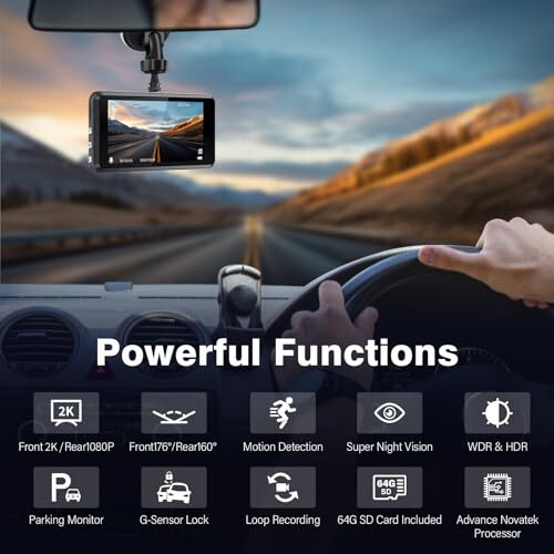 Avtomobillar uchun 2K Ikkita Dash Kamera, Bepul 64GB SD karta, FHD 2K+1080P Dash Cam old va orqa, 3.2'' IPS Ekran, 176° Keng burchak Dashcam, 24H Avtoturargoh monitori, G-Sensor, Tsiklik yozuv, Kechasi ko'rish, WDR - 2