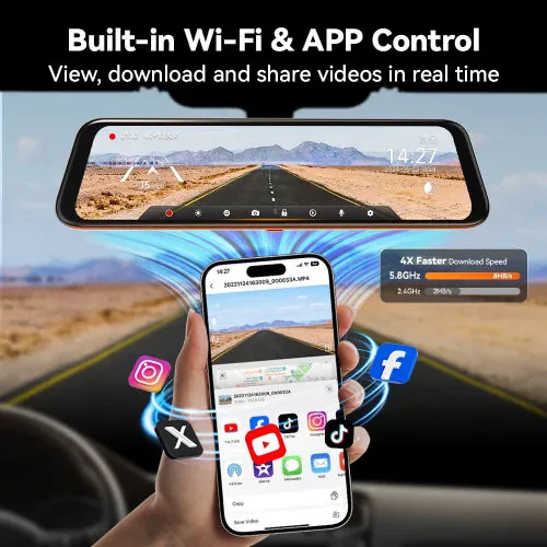 Автомобильная камера WolfBox Dash, Автомобильная камера 4K с WiFi и GPS, 12'' 4K+1080P камеры заднего вида с супер ночным видением, четкое отображение номера транспортного средства, бесплатная карта 64 ГБ - 5