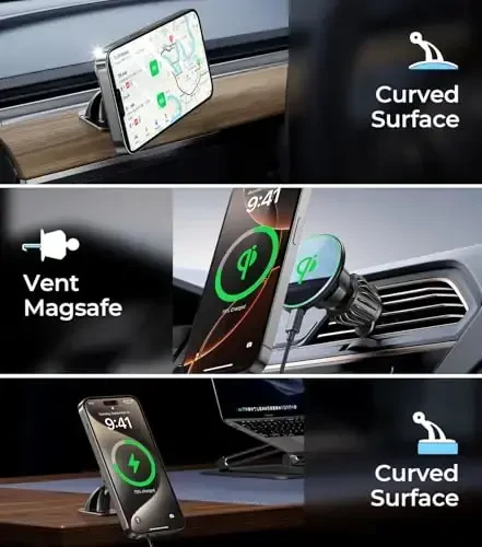 Автомобильный держатель для Qi2 MagSafe беспроводной зарядки, 2-в-1 крепление на приборную панель и вентиляционное отверстие, прочный клей, термостойкость, вращение на 360°, магнитный держатель телефона для ваших автомобильных аксессуаров для iPhone 16 Pro Max - 4