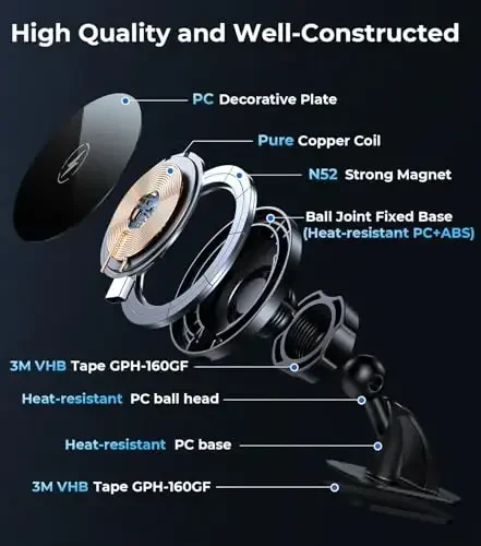 Автомобильный держатель для Qi2 MagSafe беспроводной зарядки, 2-в-1 крепление на приборную панель и вентиляционное отверстие, прочный клей, термостойкость, вращение на 360°, магнитный держатель телефона для ваших автомобильных аксессуаров для iPhone 16 Pro Max - 6