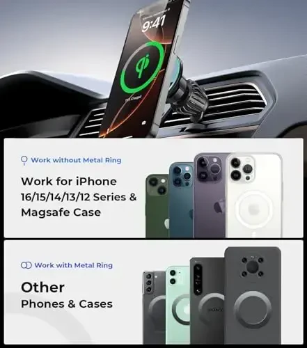 Автомобильный держатель для Qi2 MagSafe беспроводной зарядки, 2-в-1 крепление на приборную панель и вентиляционное отверстие, прочный клей, термостойкость, вращение на 360°, магнитный держатель телефона для ваших автомобильных аксессуаров для iPhone 16 Pro Max - 7