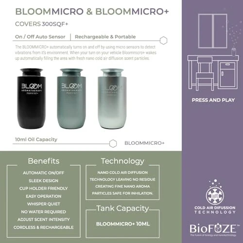 Автомобильный диффузор без воды для эфирных масел - BloomMicro+ Onyx автомобильный и домашний диффузор - Безводный диффузор ароматизатор воздуха - Заряжаемый автомобильный освежитель воздуха и ароматизатор более 300 кв. футов - Оникс черный - 4