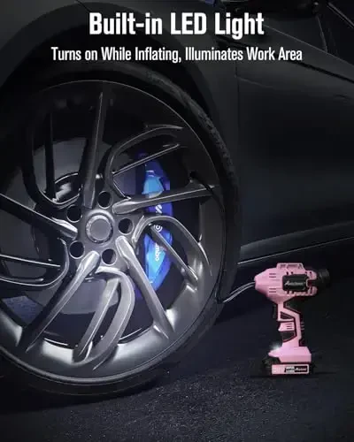Автомобильный компрессор Avid Power Cordless Tire Inflator, 20 В, с адаптером 12 В, перезаряжаемым литий-ионным аккумулятором и цифровым манометром, для многих надувных изделий (розовый). - 5