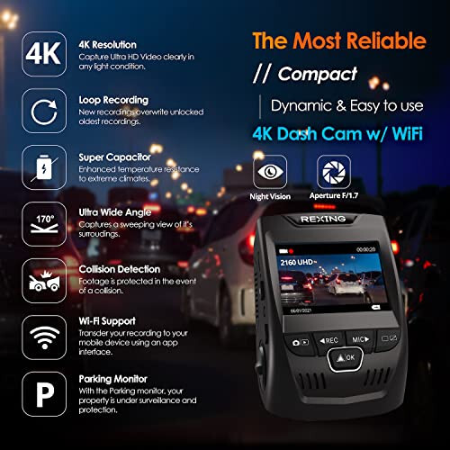 Автомобильный видеорегистратор RexingUSA V1-4K Ultra HD GPS с Wi-Fi 2,4” ЖК-экраном | 170° широкоугольная камера с G-сенсором | WDR | Циклическая запись | Суперконденсатор | Мобильное приложение | Поддержка 256 ГБ - 2