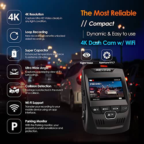 Автомобильный видеорегистратор RexingUSA V1-4K Ultra HD GPS с Wi-Fi 2,4” ЖК-экраном | 170° широкоугольная камера с G-сенсором | WDR | Циклическая запись | Суперконденсатор | Мобильное приложение | Поддержка 256 ГБ - 2