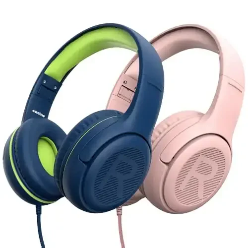 awatrue Kids Headphones Wired Toddler Headphones with Microphone, Over-Ear Headphones, 85/94dB Volume-Limiting, 3.5mm Jack, Foldable On-Ear Design (Bluegreen+Pink) - 1