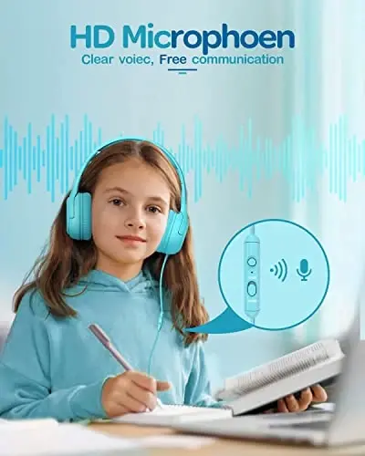 awatrue Kids Headphones for School Travel, 85/94dB Safe Volume Limit, 3.5mm Jack, HD Mic, Portable Wired Headphone with Shareport, Stereo Sound On-Ear Headphones for Toddler Kids Girls Boys Blue - 3