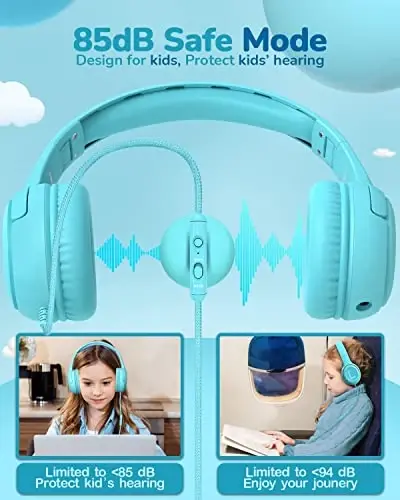 awatrue Kids Headphones for School Travel, 85/94dB Safe Volume Limit, 3.5mm Jack, HD Mic, Portable Wired Headphone with Shareport, Stereo Sound On-Ear Headphones for Toddler Kids Girls Boys Blue - 4