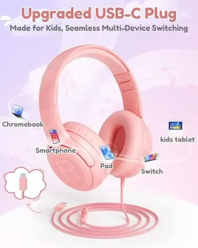 awatrue USB-C Kids Headphones with Mic - 85/94dB Volume Limiter, Foldable Wired Toddler Headphones for Boys & Girls, Over-Ear Type-C Kid Headphones for School, Travel, lPad, Tablet & Smartphones - 2