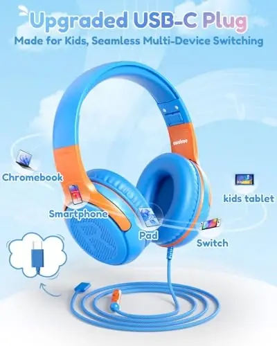 awatrue USB-C Kids Headphones with Mic - 85/94dB Volume Limiter, Foldable Wired Toddler Headphones for Boys & Girls, Over-Ear Type-C Kid Headphones for School, Travel, lPad, Tablet & Smartphones - AWATRUE (1)
