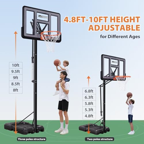 AWII SPORT Portable Basketball Hoop Outdoor, 4.8-10FT Height Adjustable Basketball Hoop Goal System with 44-48 Inch Impact Backboard and Portable Wheels for Adults - 3