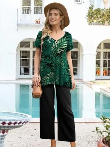 AWULIFFAN Ayollar yozgi qisqa yengli tunika toplamlari keng bichimli kundalik futbolka tugmachali bluzkalar - 5